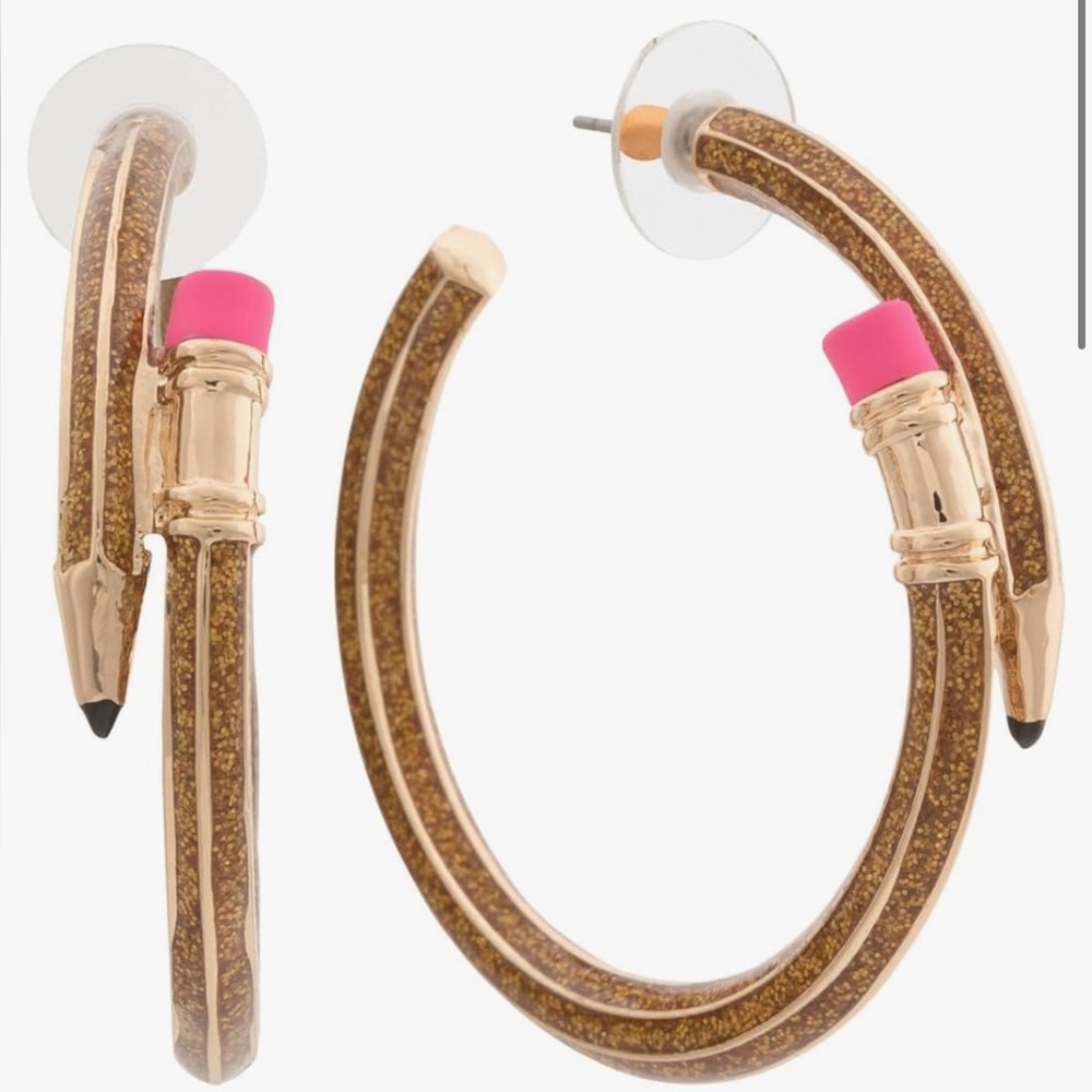 Betsey Johnson Book Smart Enamel Gold Enamel Pencil Hoop Earrings
